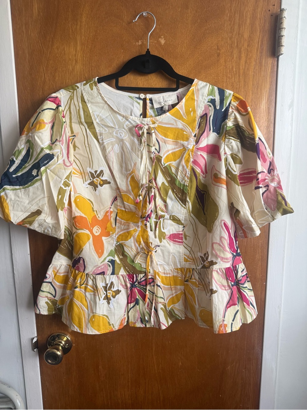 MELLODAY Cream Floral Tie-Front Peplum Blouse with Pink, Yellow & Green Accents